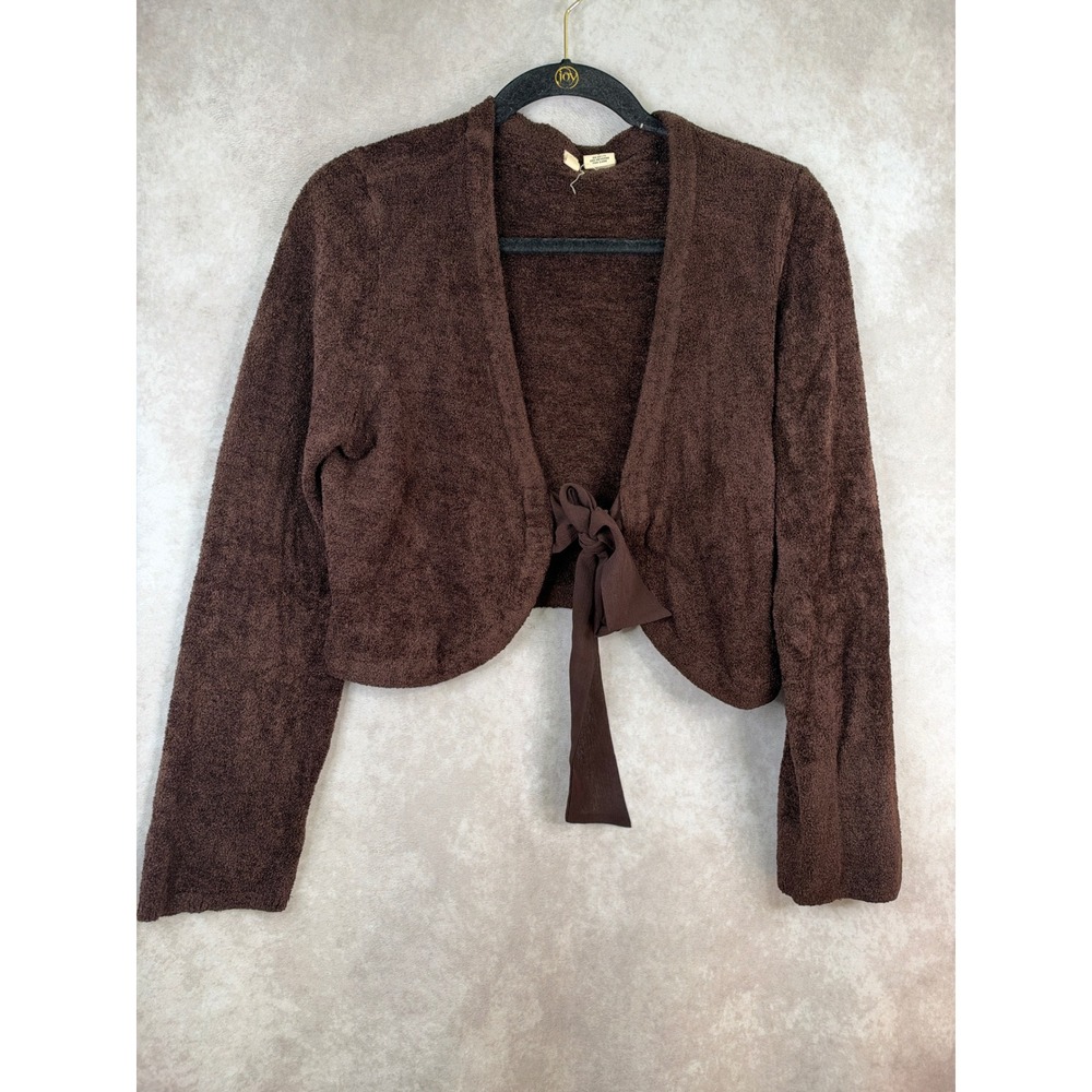 Anthropologie Moth Brown Chenille Cropped Front Tie Sweater Cardigan Womens L